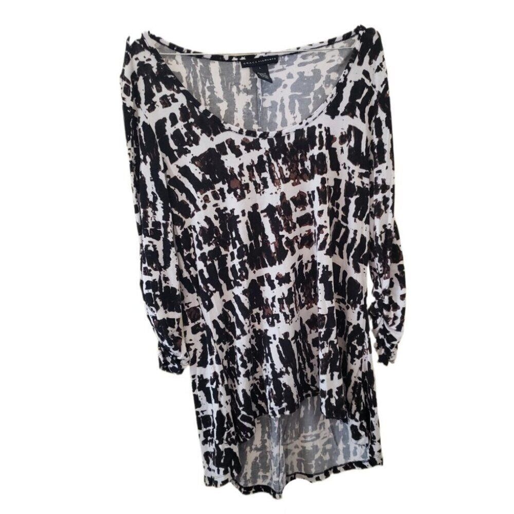 Grace Elements Multi-Colored Patterned Long Ruched Sleeve Hi Low Top